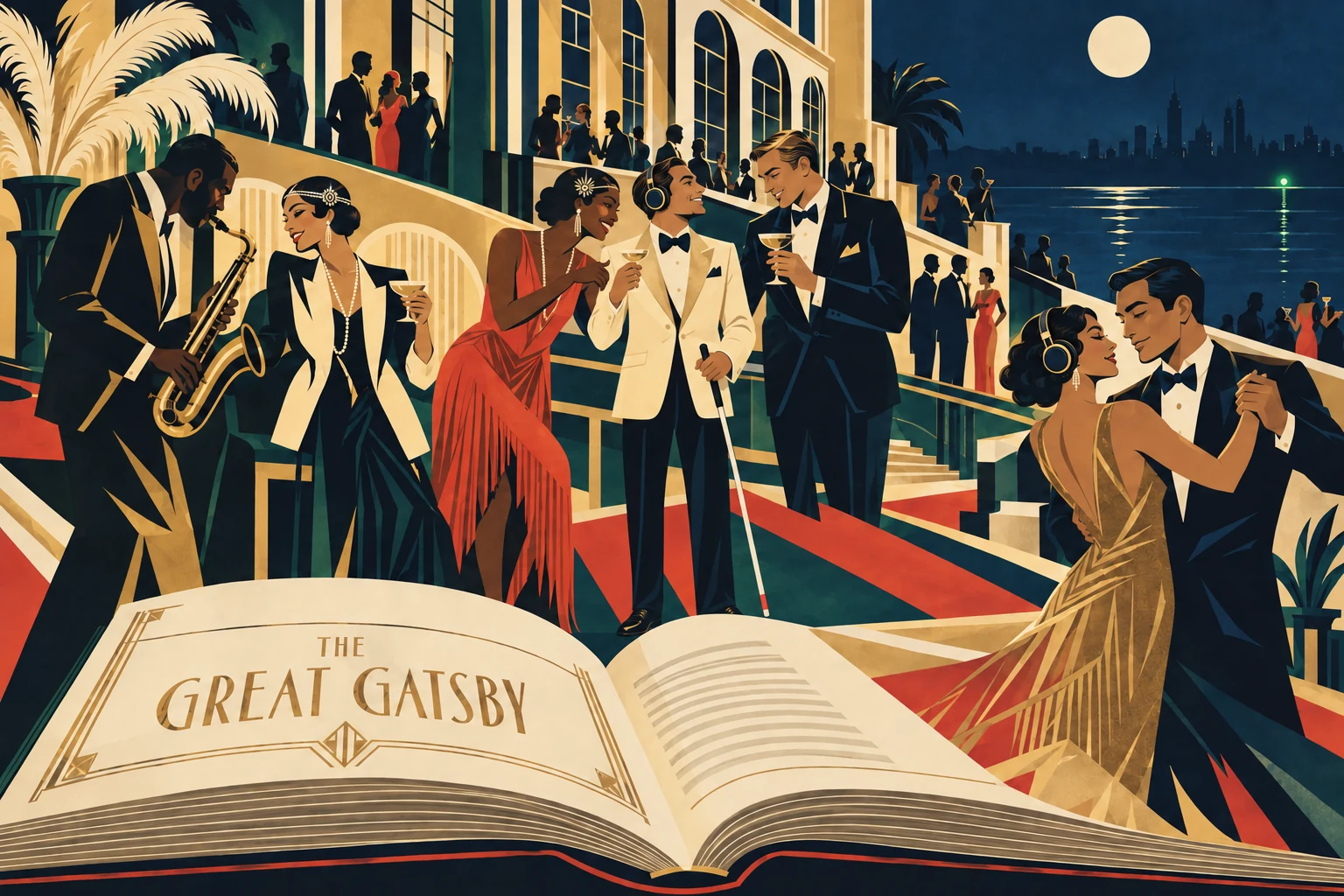 An open copy of The Great Gatsby becomes a Jazz Age party, where readers wearing headphones dance and mingle; one holds a white cane.